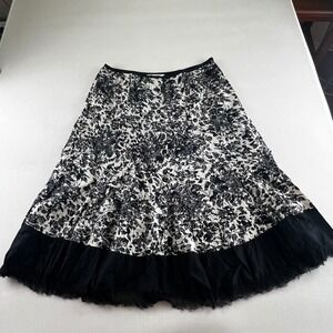 Nygard Collection Petite Floral Midi Skirt Black White Ruffle Hem Size 14